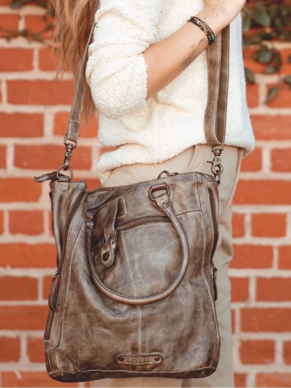 Bed Stu Distressed Brown Leather Crossbody Tote